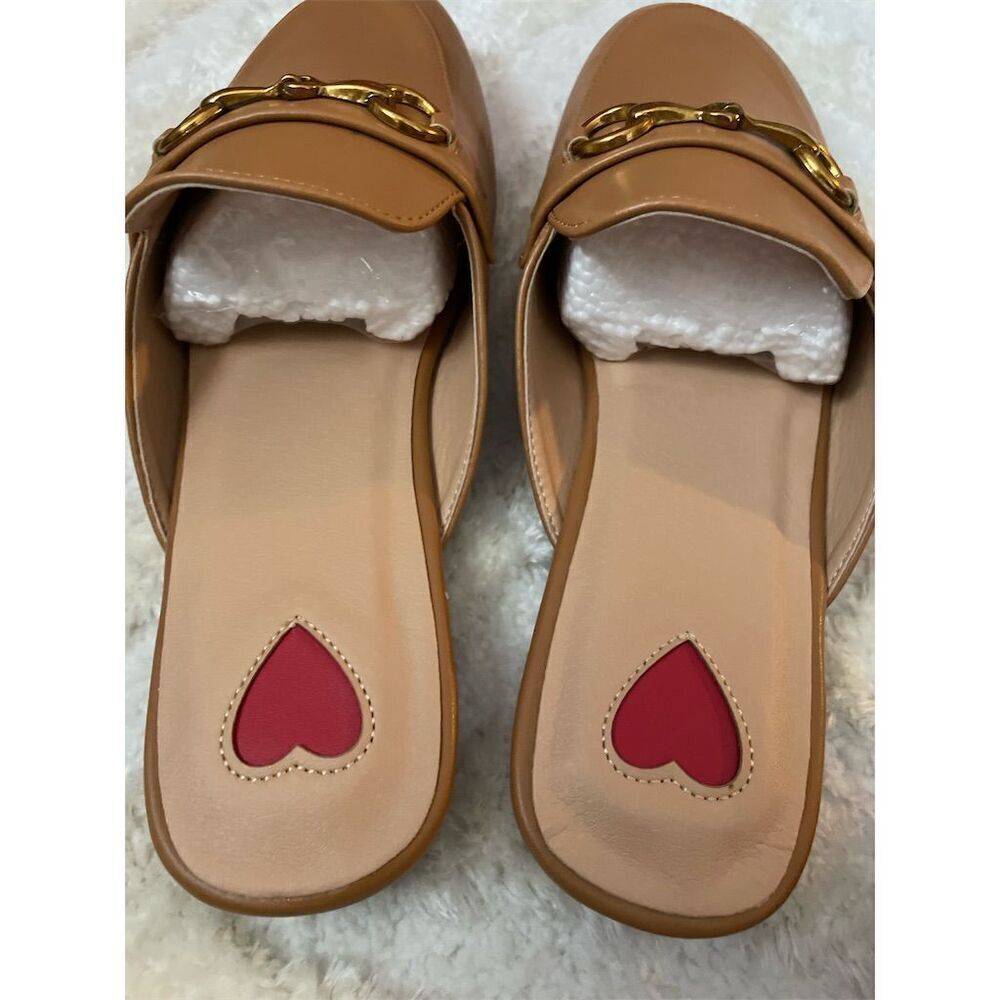 Women's Brown Leather Slip-On Mules Size 7.5 w/ Buckle & Heart Accent - Picture 6 of 8